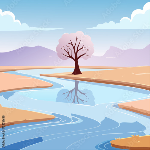 Floodplains in winter, solitary tree, early mist
