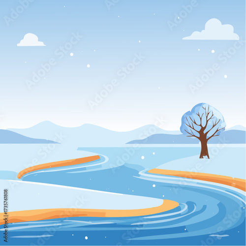 Floodplains in winter, solitary tree, early mist