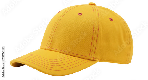 Stylish golden yellow baseball cap isolated on white, casual headwear for sports and sun protection