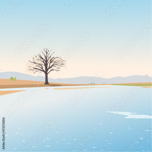 Floodplains in winter, solitary tree, early mist