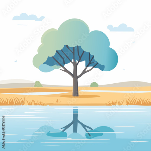 Floodplains in winter, solitary tree, early mist