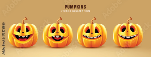 Cute cartoon pumpkin faces set for Halloween design.