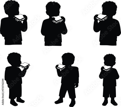 Child eating sandwich silhouette, kid holding food in hand, snack time, healthy lunch, hungry boy, nutrition, childhood lifestyle, mealtime illustration