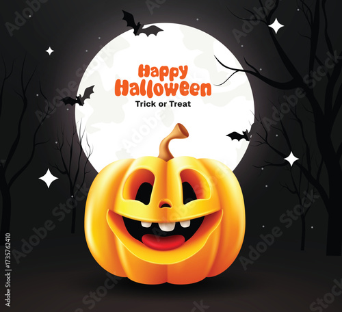 Stacked pumpkins with spooky smiles under a full moon with bats and trees for Halloween design.