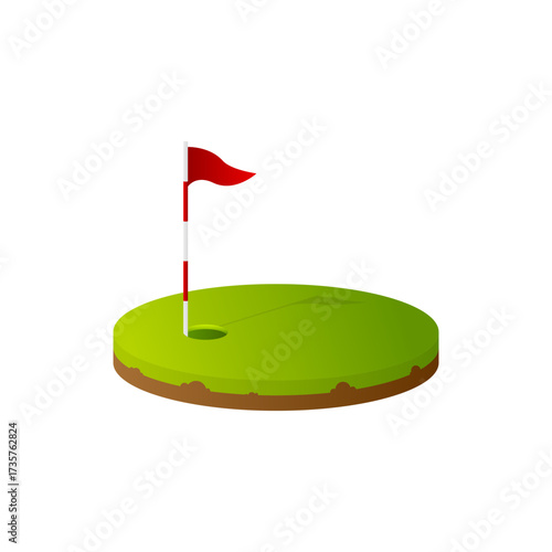 Golf hole with flag. Cartoon style. Golfing elements. Red flag, hole and grass. Vector illustration.