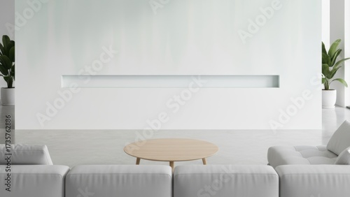 Wallpaper Mural Minimalist modern living room interior with white sofa, wooden coffee table, and green houseplants in bright contemporary space Torontodigital.ca