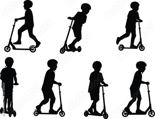 Child riding scooter silhouette, kid with helmet playing, outdoor activity, fun exercise, urban lifestyle, active childhood, sport, transportation, recreation