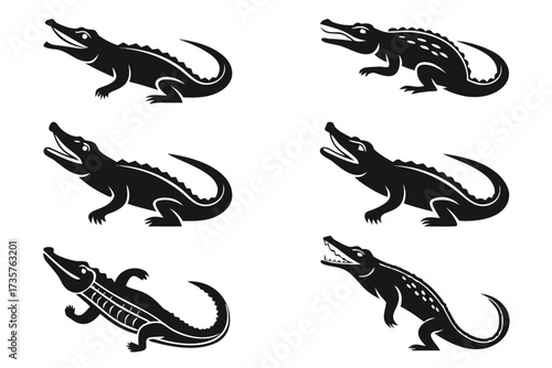 Minimalist crocodile icon set in black and color
