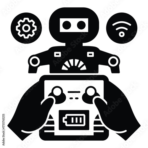 Glyph vector showing hands holding a remote control device, directing a small robot. Representing the concepts of remote operation, mobile control, and power management for service robotics.