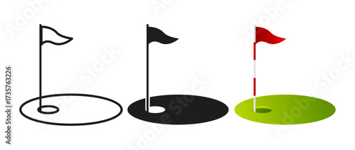 Golf hole with flag. Cartoon style. Golfing elements. Red flag, hole and grass. Vector illustration.