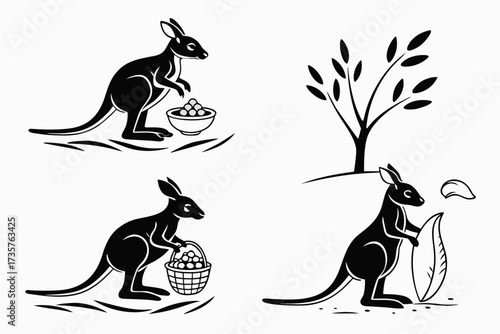 Cute baby kangaroo minimalist icon set