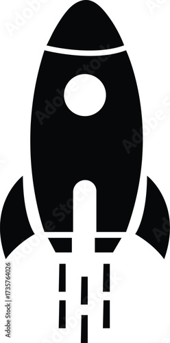 Black rocket ship icon with exhaust symbolizing launch space travel business startup and rapid progress