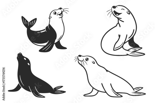 Cute seal pup minimalist icon set