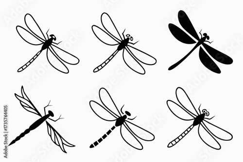 Minimalist damselfly icon set with hovering insect design