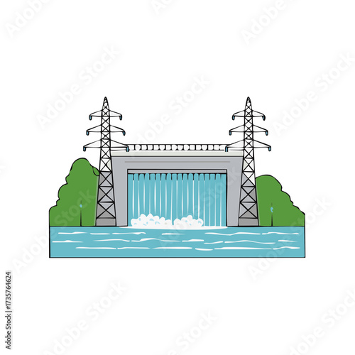 Hydroelectric Dam with Power Lines Illustration Waterfalls and Lush Greenery Cartoon Style Energy Generation Concept