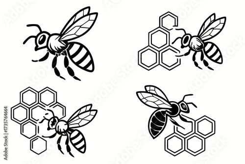 Detailed bee and honeycomb icon set