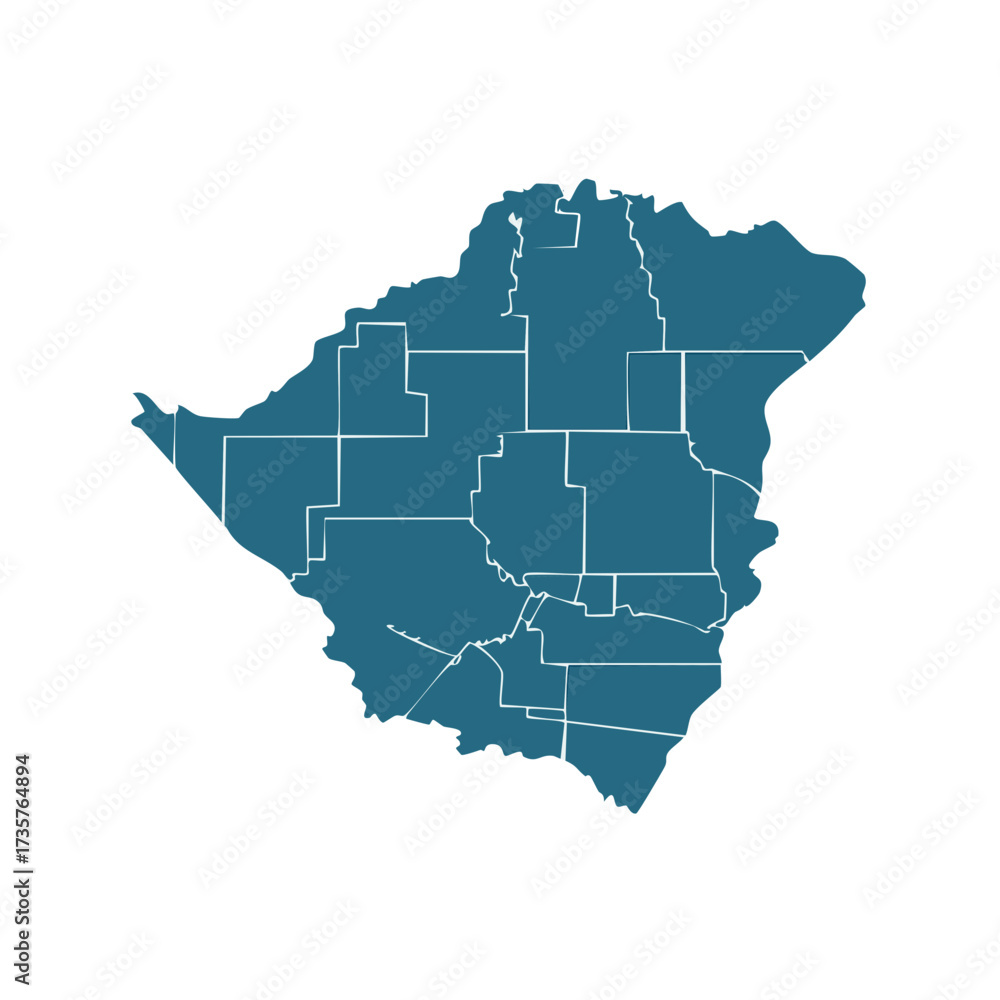 Fototapeta premium Map of an imaginary territory divided into different administrative areas, blue color