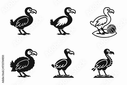 Minimalist dodo bird icon set in black and color