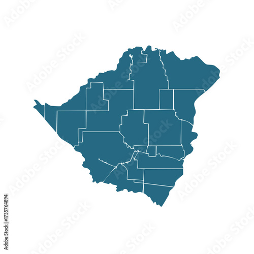 Map of an imaginary territory divided into different administrative areas, blue color