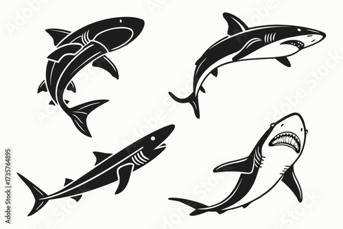 Minimalist dogfish shark icon set in black yellow cyan and magenta