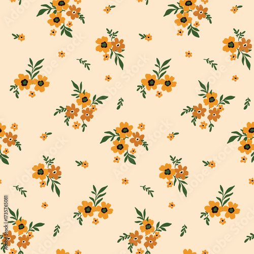 Seamless floral pattern, liberty ditsy print with yellow flowers in a rustic motif. Pretty botanical design of simple hand drawn bouquets, small flowers, tiny leaves in abstract composition. Vector.