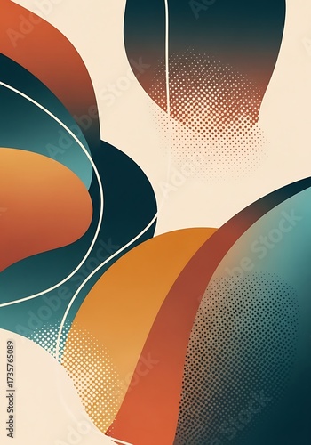 Abstract Fluid Shapes Gradient Background with Halftone Dots and Lines.