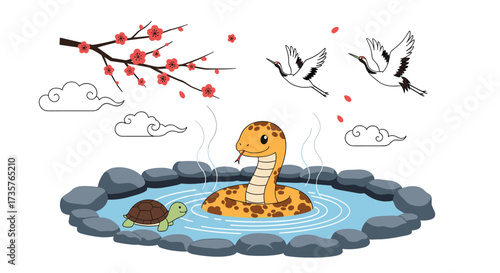 A charming snake and turtle relax in a steamy onsen surrounded by cherry blossoms and cranes.
