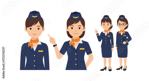 Illustration showcasing multiple female flight attendants in navy blue uniforms, pointing and smiling.