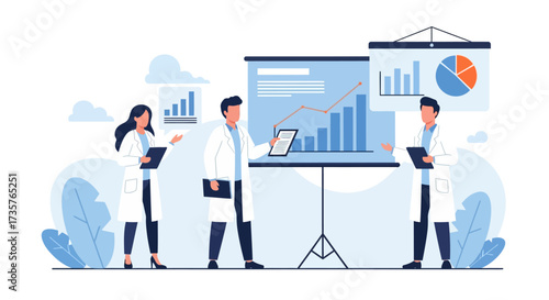 Three scientists in lab coats present data, analyzing charts and graphs during a meeting.