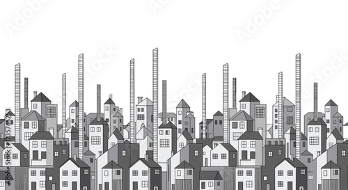 A monochromatic abstract cityscape featuring a dense collection of buildings and industrial chimneys.