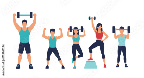 Group of diverse individuals performing strength training exercises with dumbbells and weights.