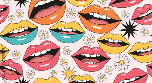 A vibrant retro pattern of smiling lips and small daisies.