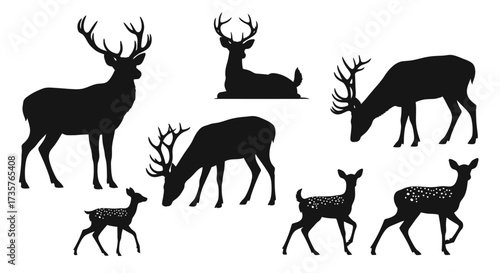 A collection of deer silhouettes in various poses, including standing, grazing, and lying down, against a white background.