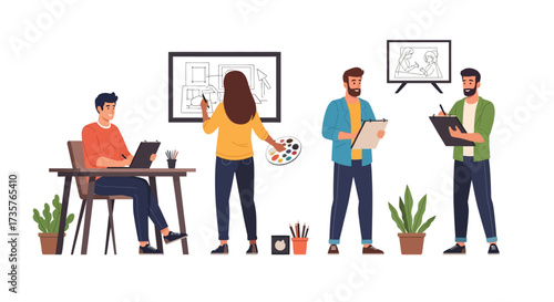 A team of diverse people collaborating on a creative project, working together.