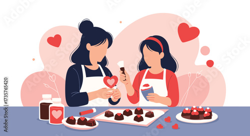 Mother and daughter making valentines day chocolate treats together.