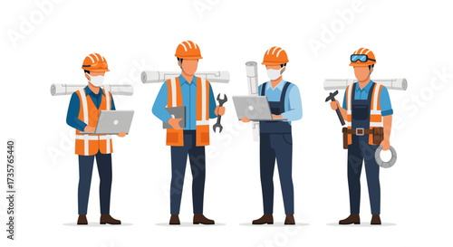 Four construction workers wearing safety gear, holding tools, and using laptops, ready for work.