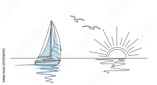A sailboat glides across calm waters at sunrise with seagulls flying above.