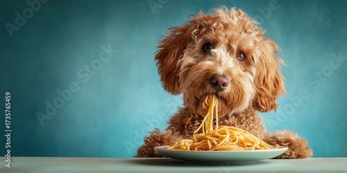 realistic photo of a dog eating spaghetti from a plate at the table 