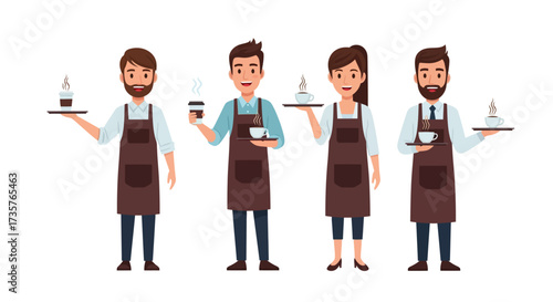 Four cartoon baristas, two men and two women, wearing aprons and holding trays with drinks.