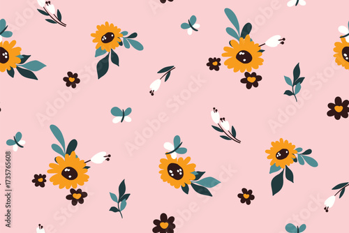 Seamless floral pattern, liberty ditsy print in a creative color. Cute botanical design of simple small bouquets, hand-drawn flowers, sunflowers, tiny leaves abstract on pink. Vector illustration.