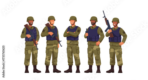 A group of five soldiers in camouflage uniforms and helmets stand in formation, holding rifles and wearing vests.