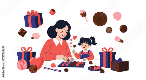 A mother and daughter make chocolates together to celebrate a special occasion.