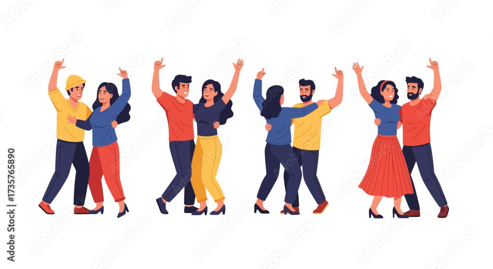 Obraz premium A vibrant illustration depicts several couples joyfully dancing, arms raised, celebrating together in a lively scene.