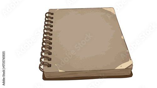 A vintage-style spiral-bound notebook with a worn, textured brown cover and reinforced corners.