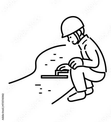 道路を舗装する土木技師の男性のイラスト　線画のみ
