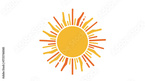 A stylized illustration of a bright yellow sun with radiating orange and yellow rays against a white background.