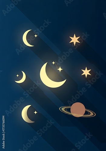 Celestial Night Sky with Moons, Stars, and Planet Saturn Illustration.