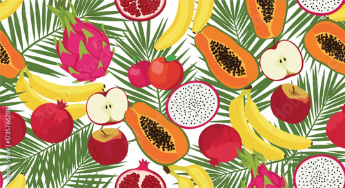 A vibrant tropical fruit medley featuring papayas dragon fruits and pomegranates with palm leaves.