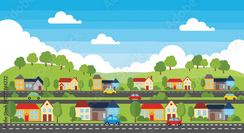 A picturesque suburban landscape with houses and cars on the road.