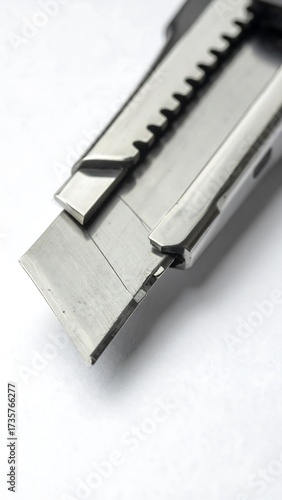 Close-up of a sharp box cutter blade against a plain white background detail